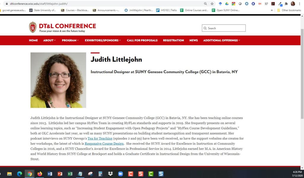 Judith Littlejohn, Instructional Designer, invited panelist at the Distance Teaching and Learning Conference, August 2020