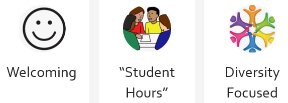 Welcoming happy face for "Student Hours" and "Diversity Focused"