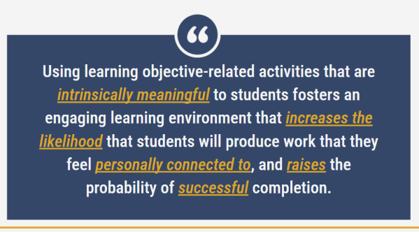 Using learning objective-related activities that are intrinsically meaningful to students fosters an engaging learning environment that increases the likelihood that students will produce work that they feel personally connected to, and raises the probability of successful completion.