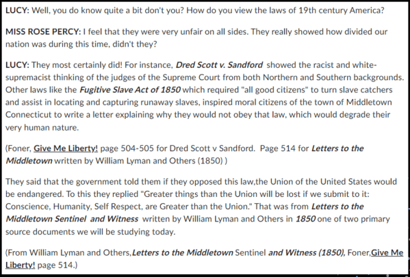 A student wrote a play in which one character explains the Fugitive Slave Act of 1850 to another character.