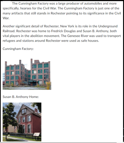 Students connecting local artifacts to American History - am=n automobile factory that made hearses in the Civil War